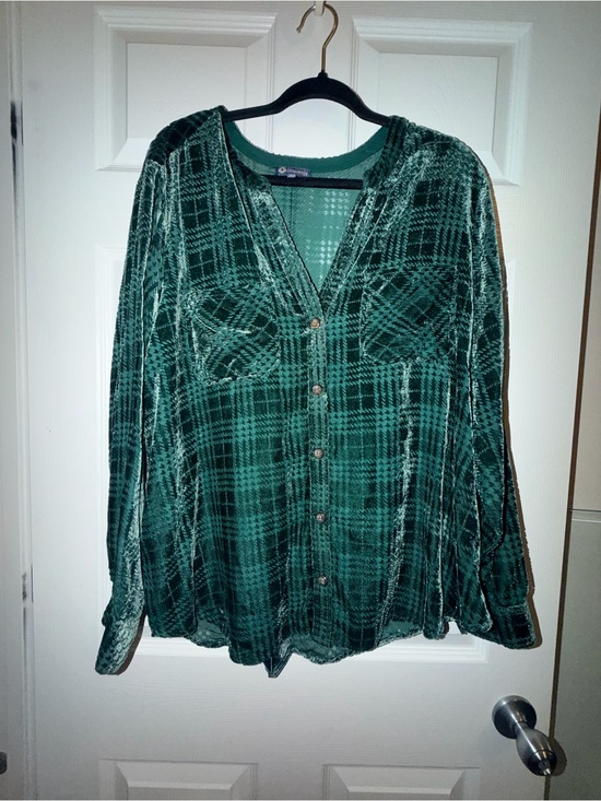 Democracy Tops - Democracy Womens XL Dark Green Plaid Velvet Burnout Button Front Shirt Blouse